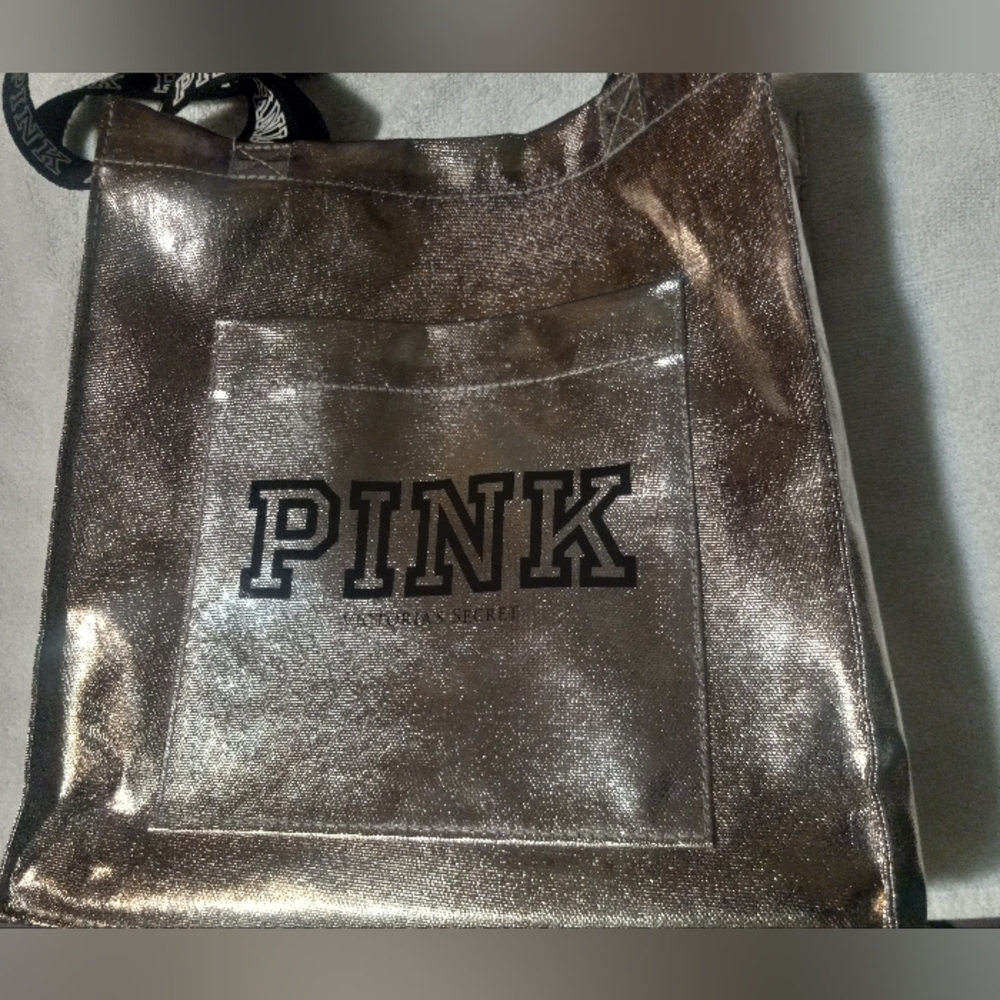 VICTORIA'S SECRET PINK SILVER HAND BAG AND VICTORIA'S SECRET DRAWSTRING FLORAL.